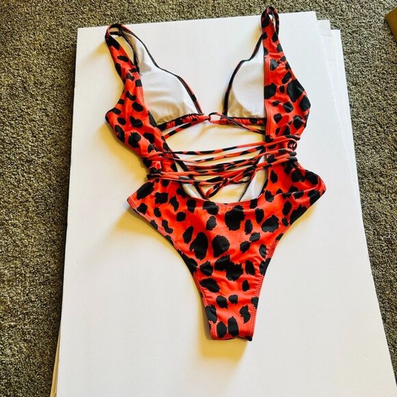 Leopard Print Plunging V-Neck Lace Up Swimsuit Small Red Orange Animal High Cut - Picture 8 of 14